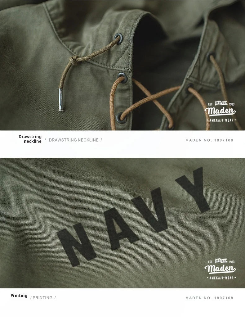 Maden Retro Green Deck Jacket Hooded Sweatshirt wtih Drawstring Collar Cuffs Adjustable Design Windbreaker Pullover for Men