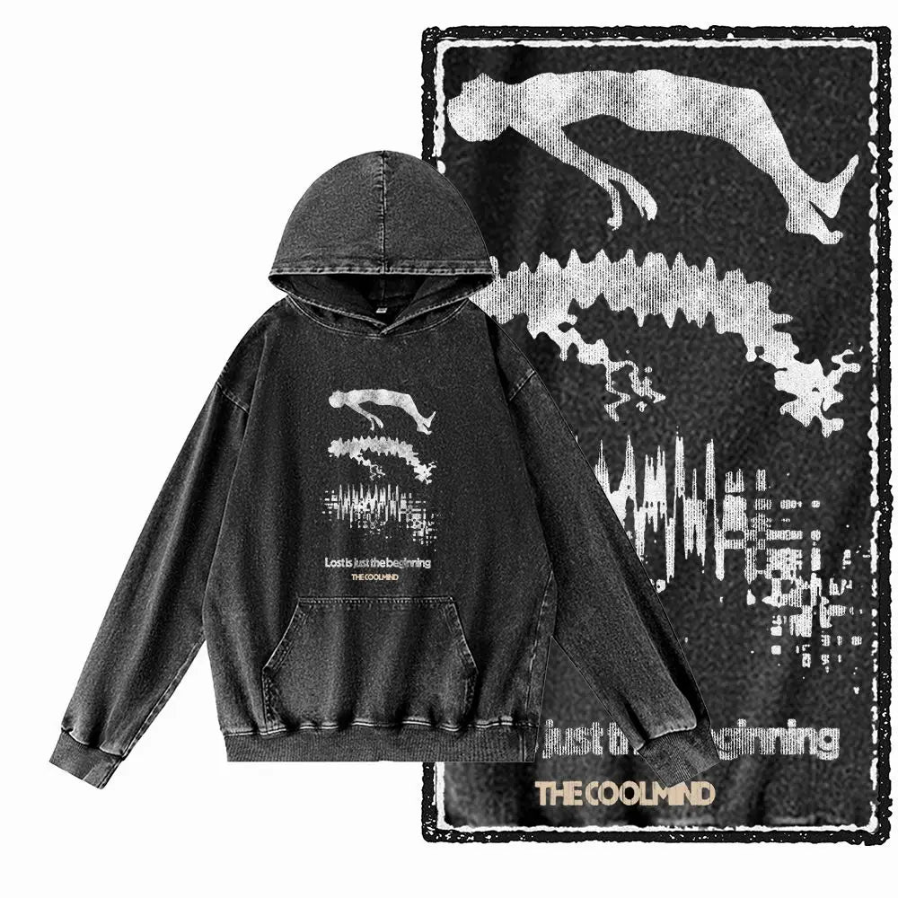 G09 Creative Graphic Acid-Washed Black Hoodie