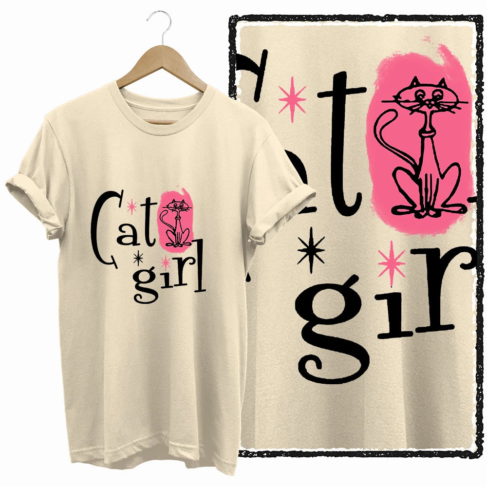 COOLMIND 100% Cotton Beige Cat Print Exclusive Graphic Women T Shirt Big Size Loose Cotton Cat Lover Women T Shirt Lovely Cat Te