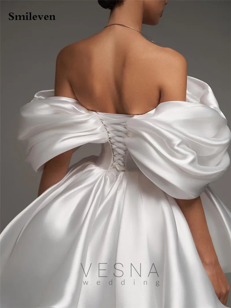 Smileven A Line Soft Satin Off The Shoulder Short Wedding Dress