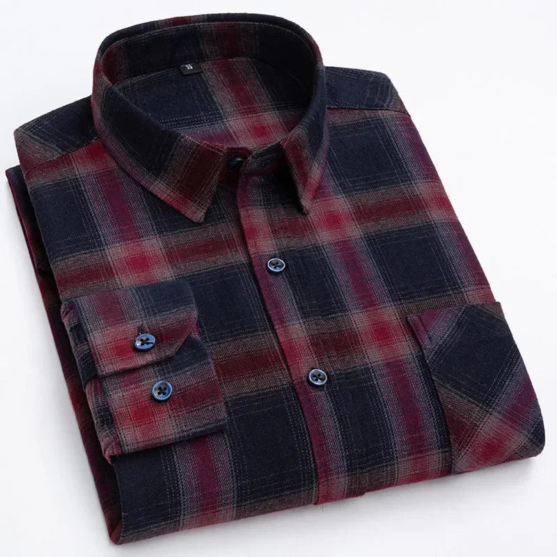 Pure Cotton Men's Plaid Shirt - Oversized Long Sleeve Casual Shirt for Plus Size