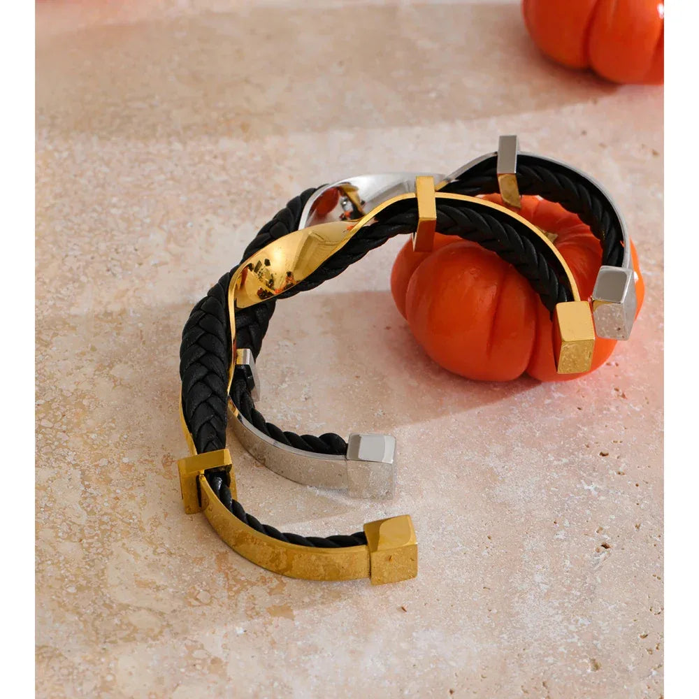 68mm Black Leather Stainless Steel Twisted Cuff Bracelet - ShopHub