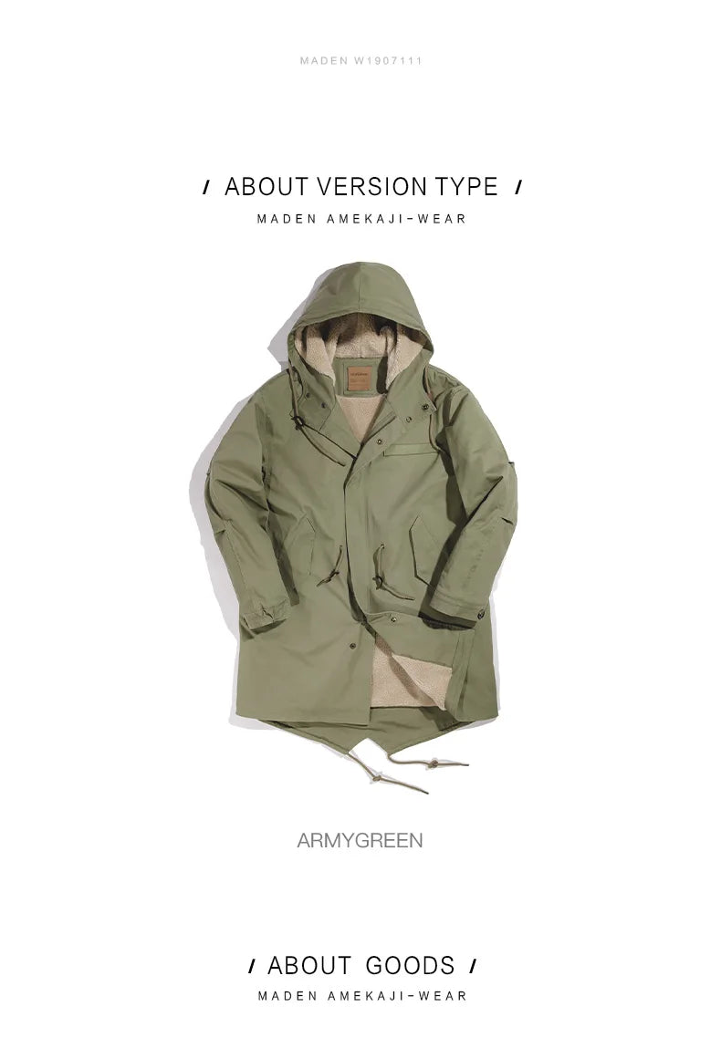 Maden Men's Thick Hooded M-51 Fishtail Cotton Coat Plus Velvet Parka Jacket Green Windbreaker Winter Autumn Men Trench Coat