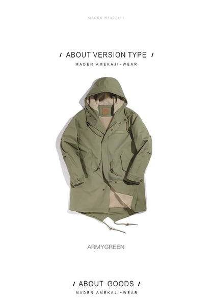 Maden Men's Thick Hooded M-51 Fishtail Cotton Coat Plus Velvet Parka Jacket Green Windbreaker Winter Autumn Men Trench Coat