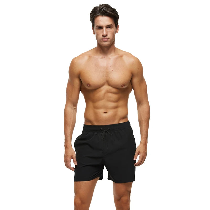 Datifer brand men's summer boardshorts in solid polyester with breathable mesh liner, side pockets, ideal for swimming and gym wear.