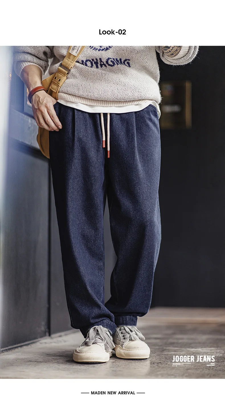 Maden Casual 10oz Jogger Denim Jeans with Elastic Waist Drawstring Washed Straight Trousers for Men's Spring and Autumn Pants