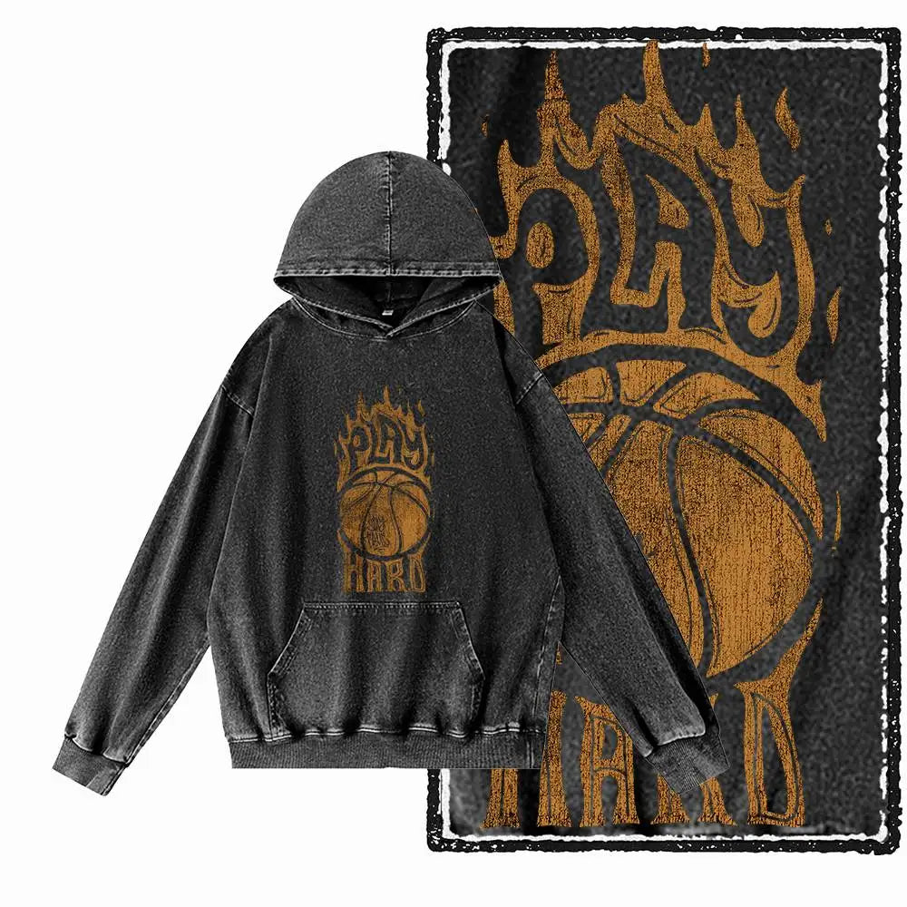 Courtside Basketball Graphic Acid-Washed Black Hoodie