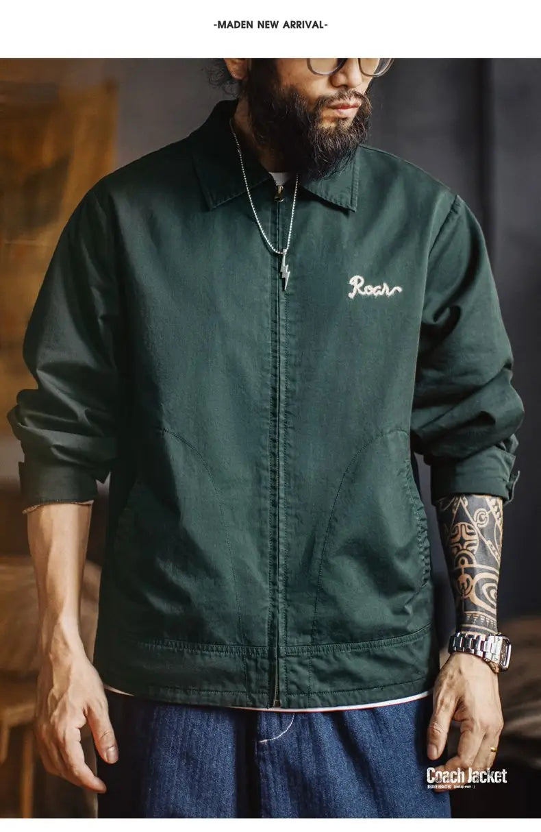 Maden Men's Vintage Tiger Embroidery Jacket Heavyweight Cotton Zip-Up with Lapel Collar Green Casual Overcoat for Spring Fall