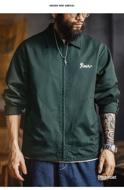 Maden Men's Vintage Tiger Embroidery Jacket Heavyweight Cotton Zip-Up with Lapel Collar Green Casual Overcoat for Spring Fall