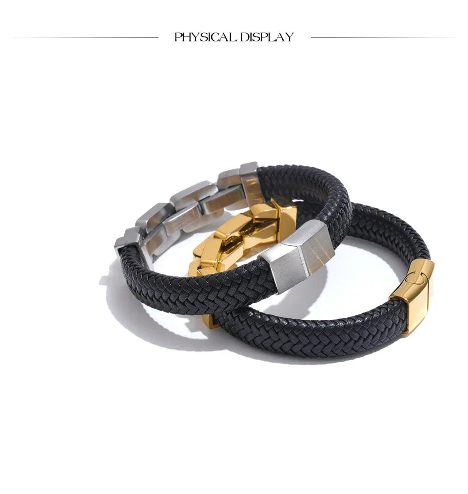 18K PVD Plated Stainless Steel Metal Chain Leather Handmade Men's Bracelet Bangle - ShopHub