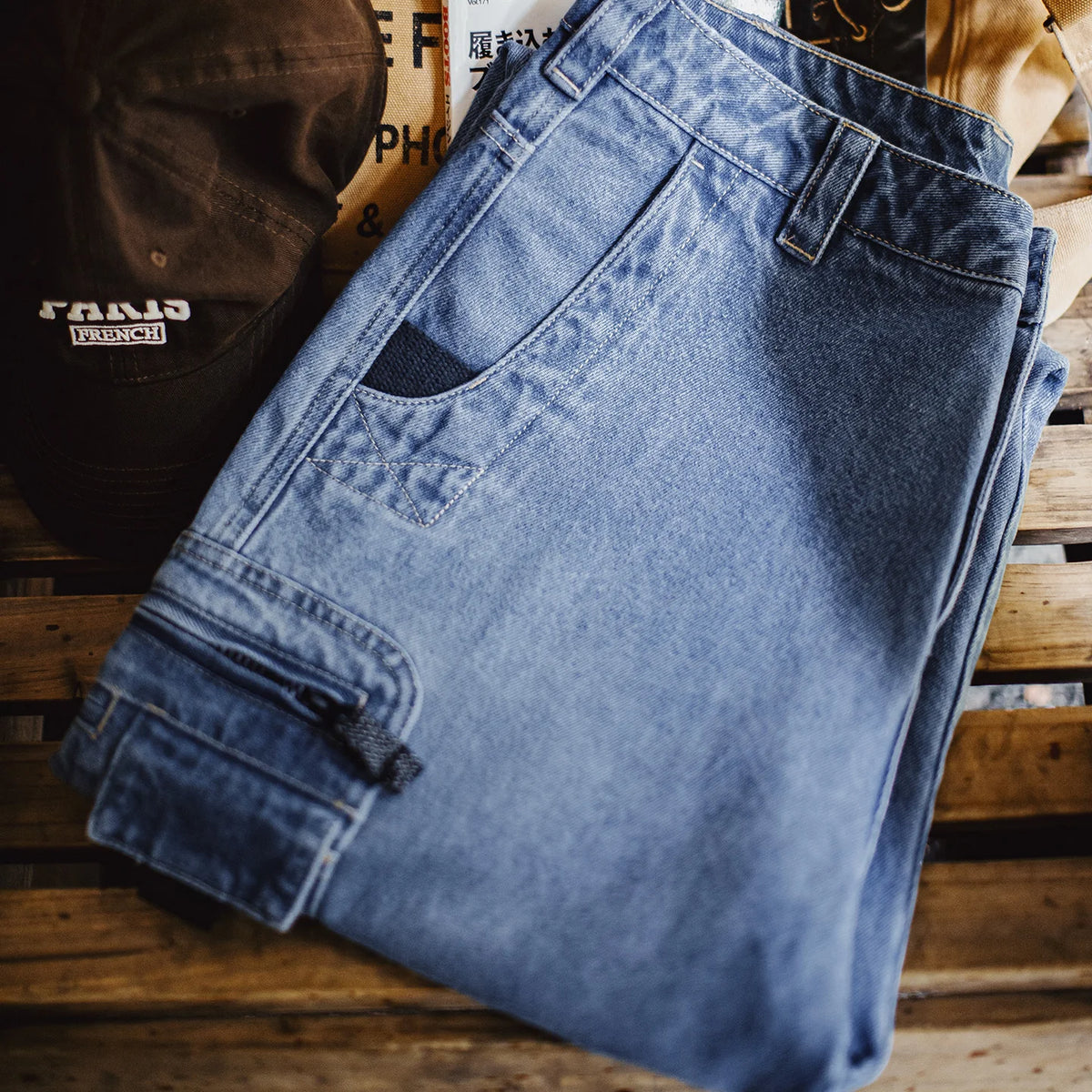 Maden Men's Vintage 10.5oz Washed Denim Jeans Loose Fit Cargo Pocket Workwear Pants Casual Blue Trousers for Spring and Autumn