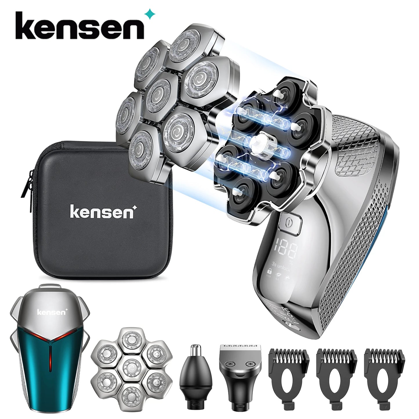 KENSEN 5 in 1 Electric Head Shaver Magnetic 7D Floating Blade Men's Grooming Kit