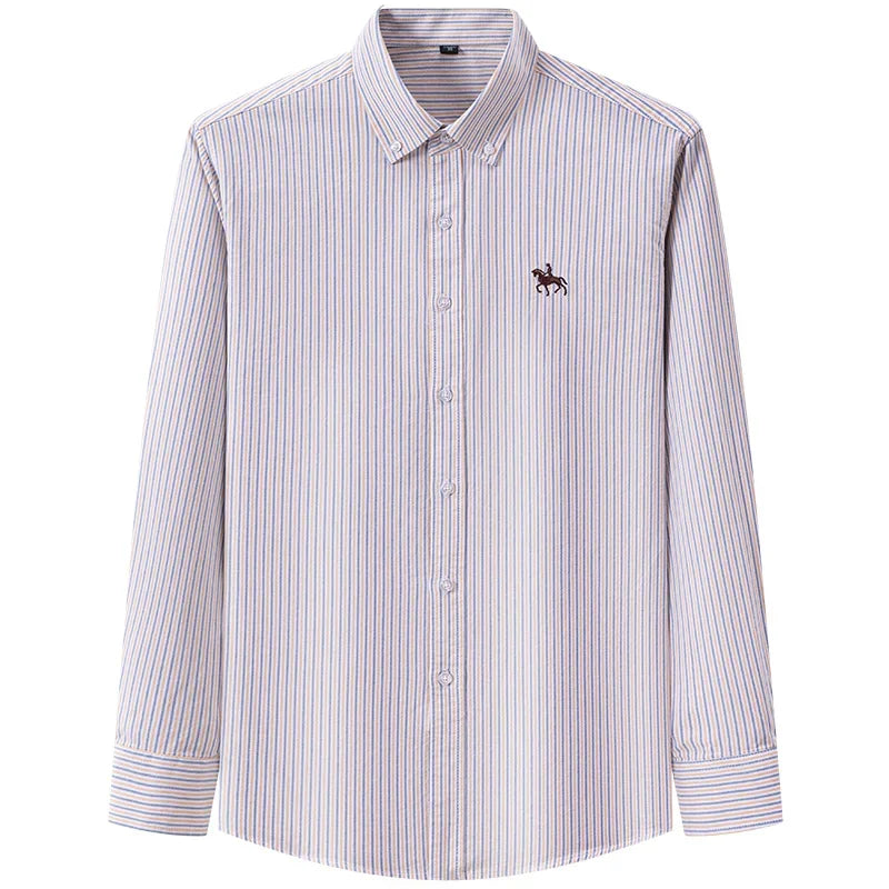 Pure Cotton Oxford Embroidered Horse Shirt for Men - Oversized Floral Long Sleeve Casual Streetwear Plus Size