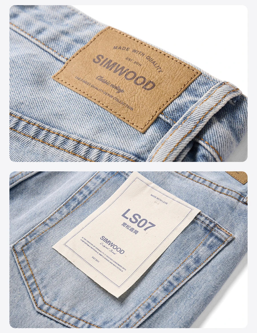SIMWOOD 2026 Autumn New Loose Straight 13.5oz  100% Cotton Washed Vintage Jeans Men Plus Size Denim Trousers