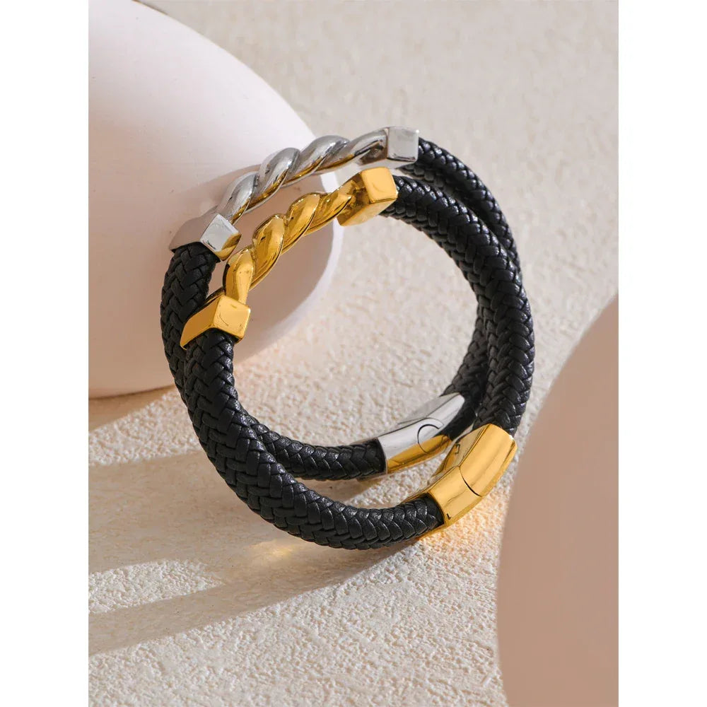 65mm Leather Metal Twisted Chain Handmade Wide Bracelet Bangle - ShopHub