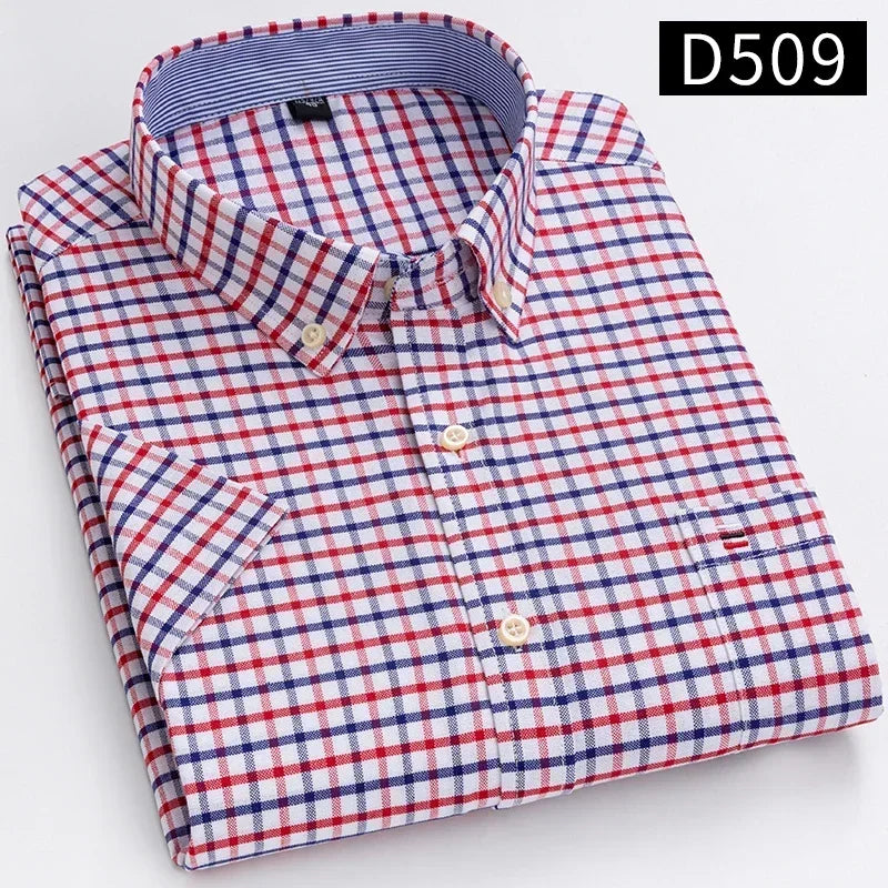 100% Cotton Men's Breathable Cotton Plaid Shirt - Short Sleeve Oxford Summer Striped Regular Fit Oversized Clothing