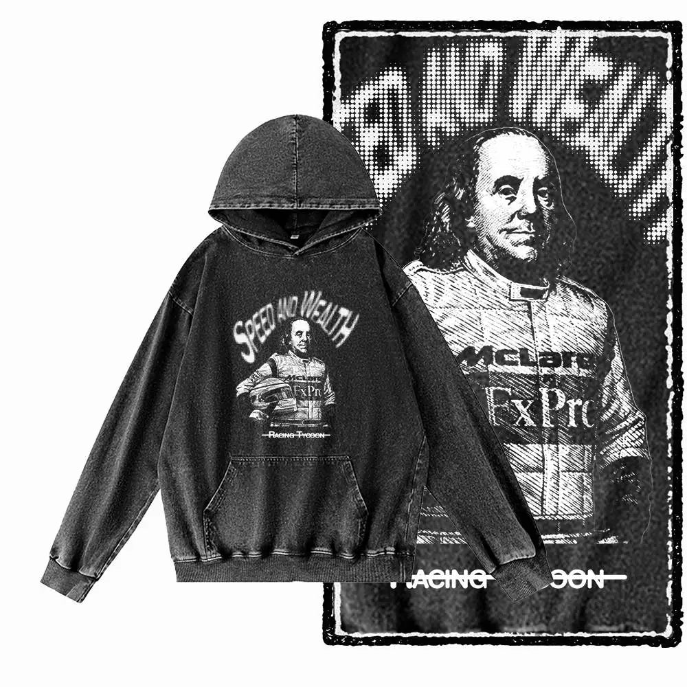 COOLMIND G21 Vintage Graphic Acid-Washed Black Hoodie