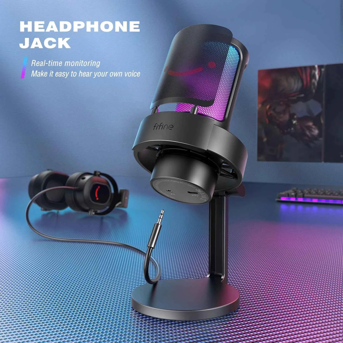 FIFINE USB microphone for recording and streaming, with a sleek black design and adjustable stand for clear audio capture.