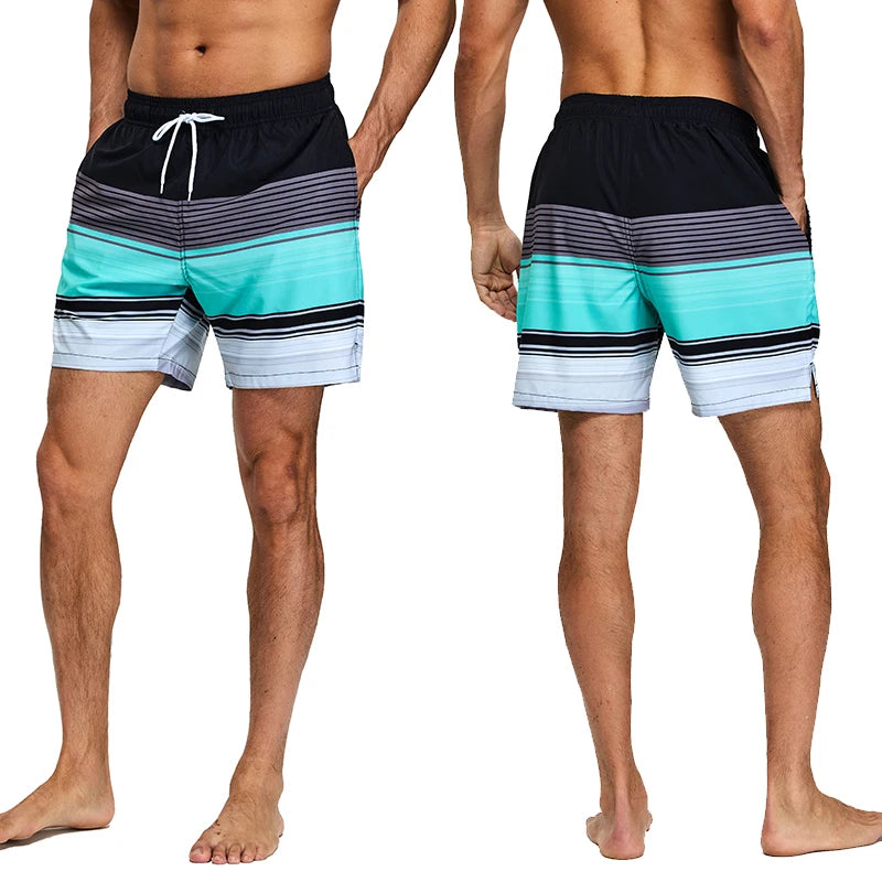 Men's Datifer 2026 summer swim shorts with quick-dry fabric, breathable mesh liner, elastic waist, and vibrant print for swimming.