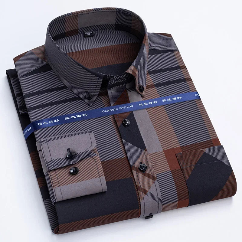 Men's Non-Iron Dress Shirts for Spring Autumn | Anti-Wrinkle Business Casual Thin Plaid Slim Fit Chemise Homme
