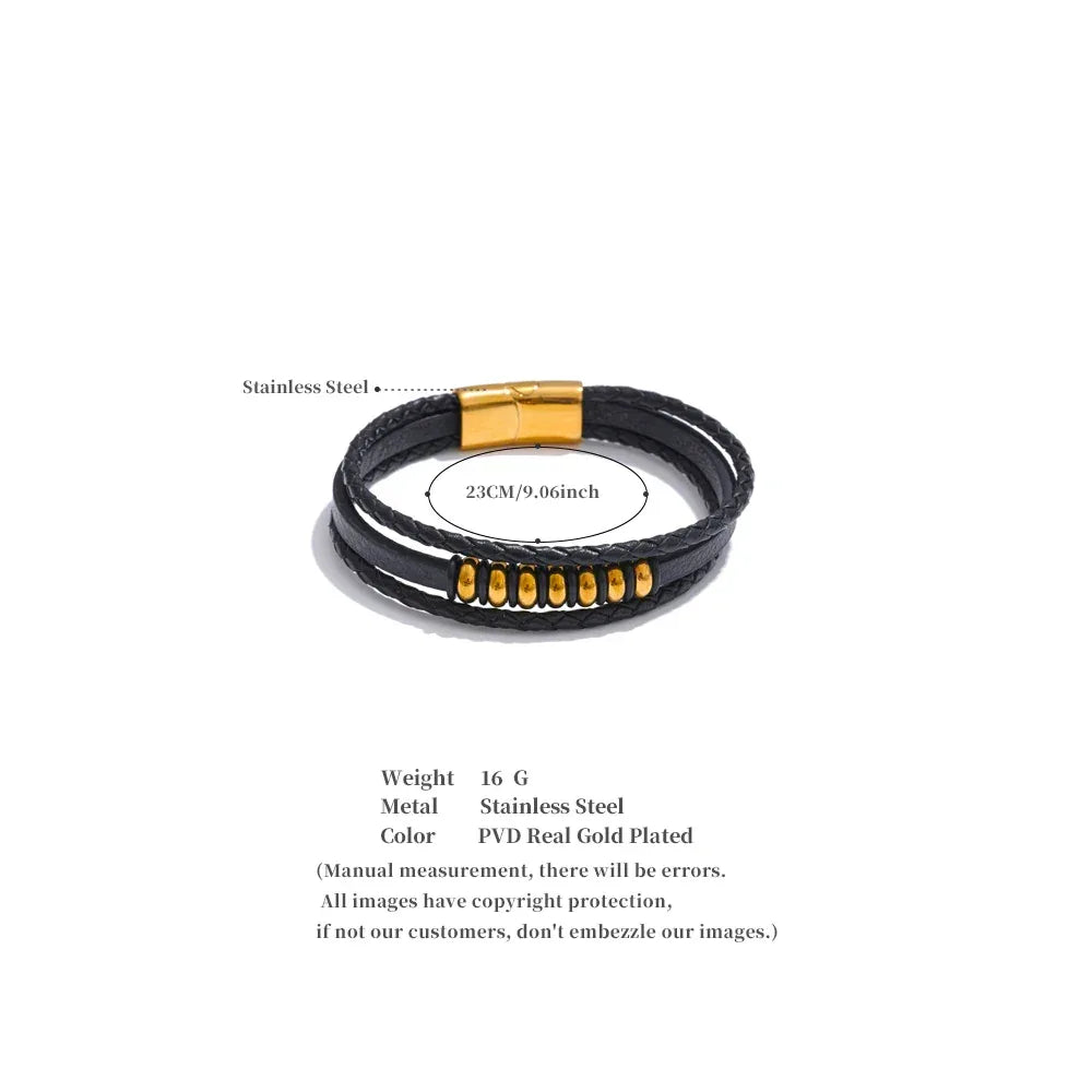 Stylish Black Fibre Leather Layered Men's Wrist Bracelet Bangle - ShopHub