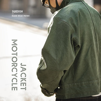 Maden Retro 16oz Canvas Swedish Motorcycle Green Jacket Pocket Bomber Jacket Casual Hunting Work Outwear for Men Spring and Fall