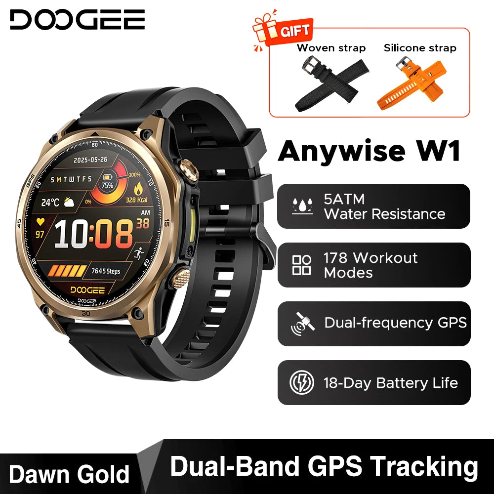 DOOGEE Anywise W1 AMOLED Smartwatch – Dual-Band GPS & Calls