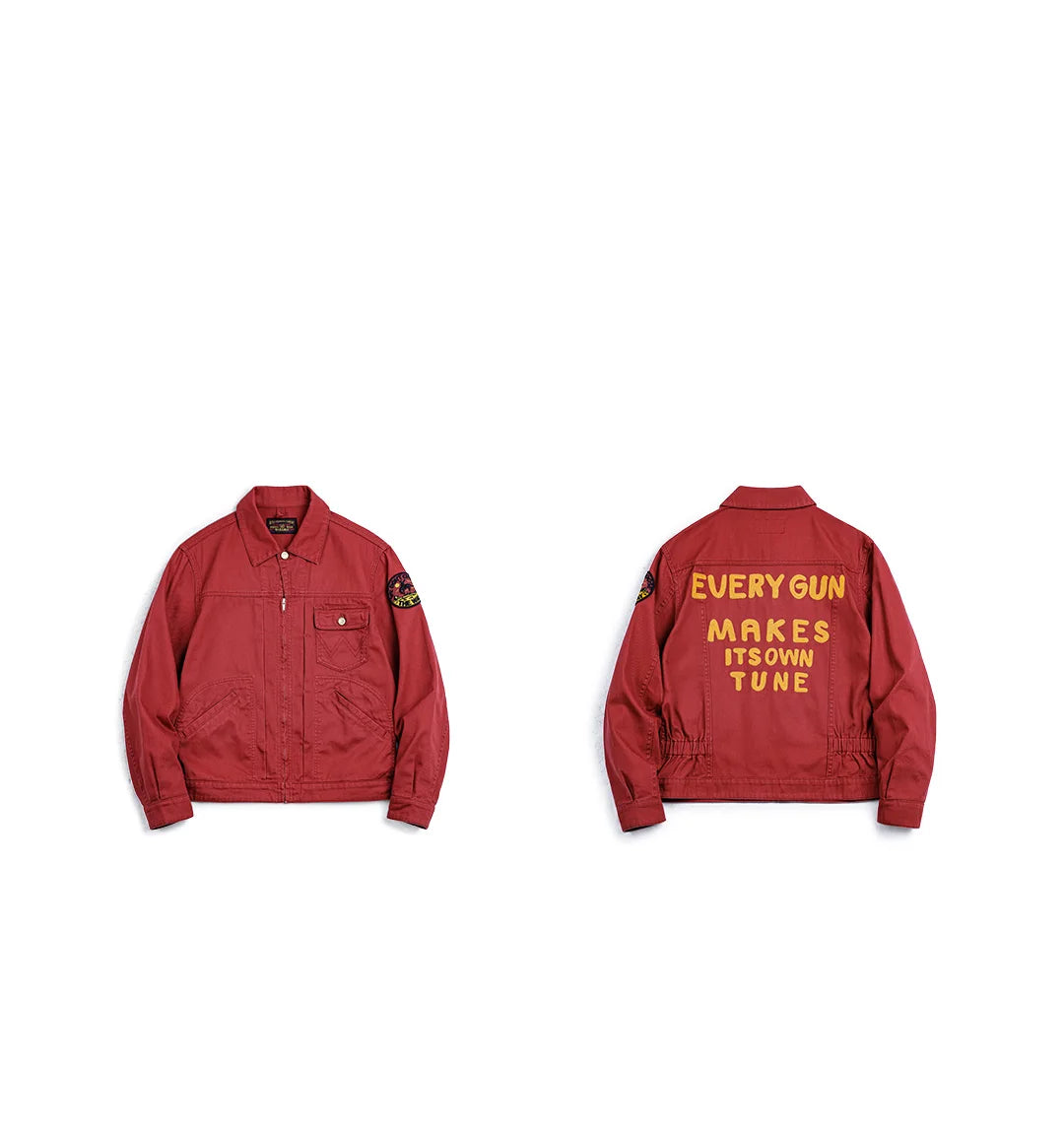 Maden New Vintage Heavy-Duty Letter Embroidered 12MJZ Jacket Red Slim-Fit Canvas Lapel Coat Men's Spring Zip-Up Casual Outerwear