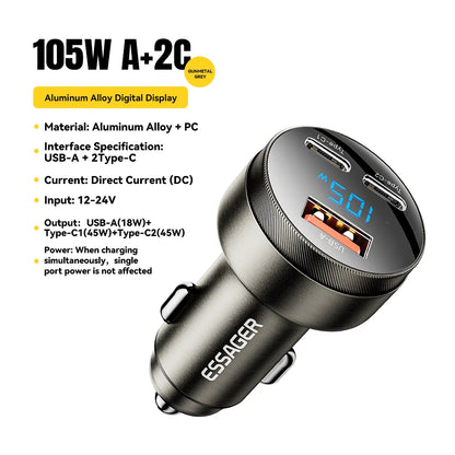 Essager 105W USB Car Charger with Quick Charge 4.0, QC3.0, and USB PD support