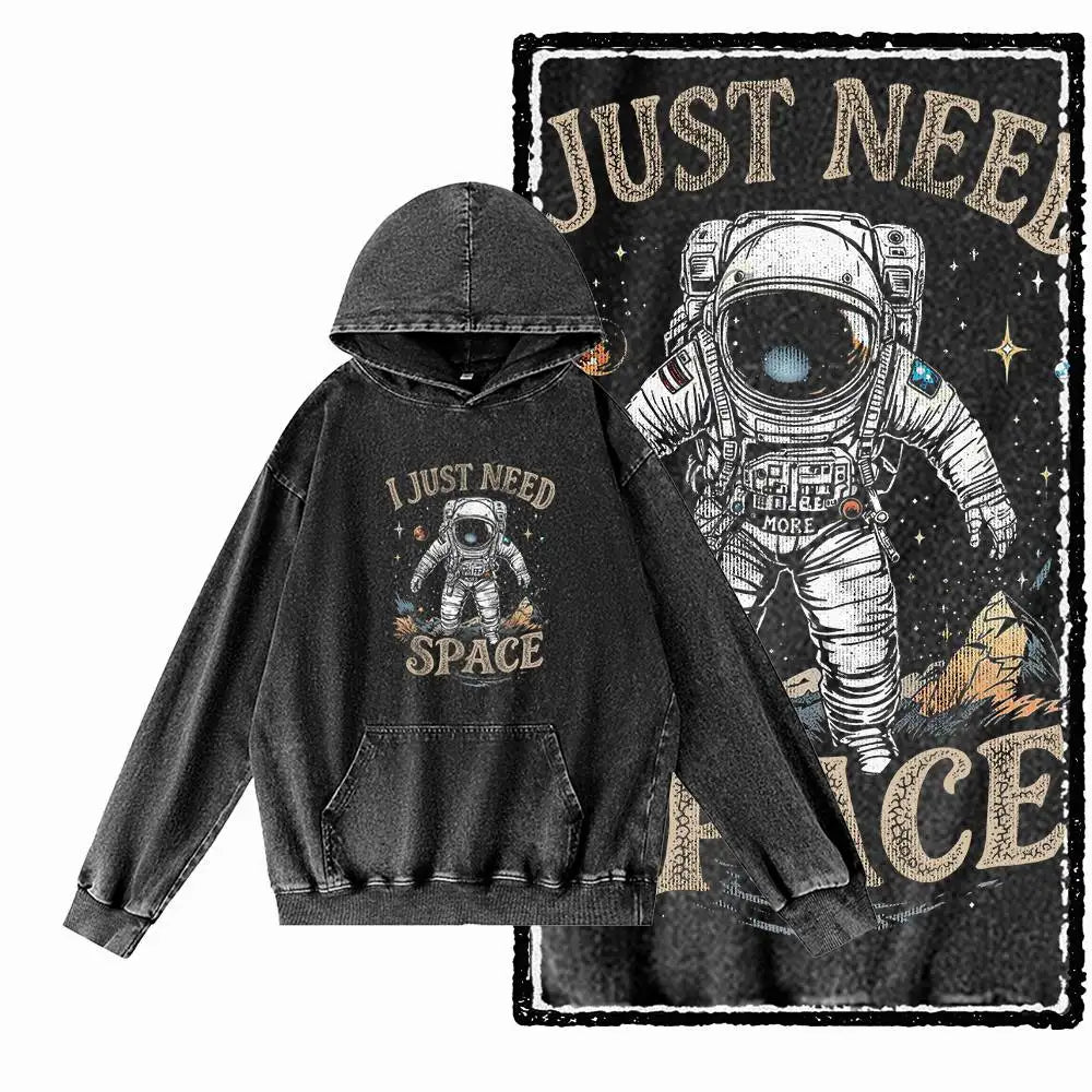 Cosmic Drift Space Graphic Acid-Washed Black Hoodie