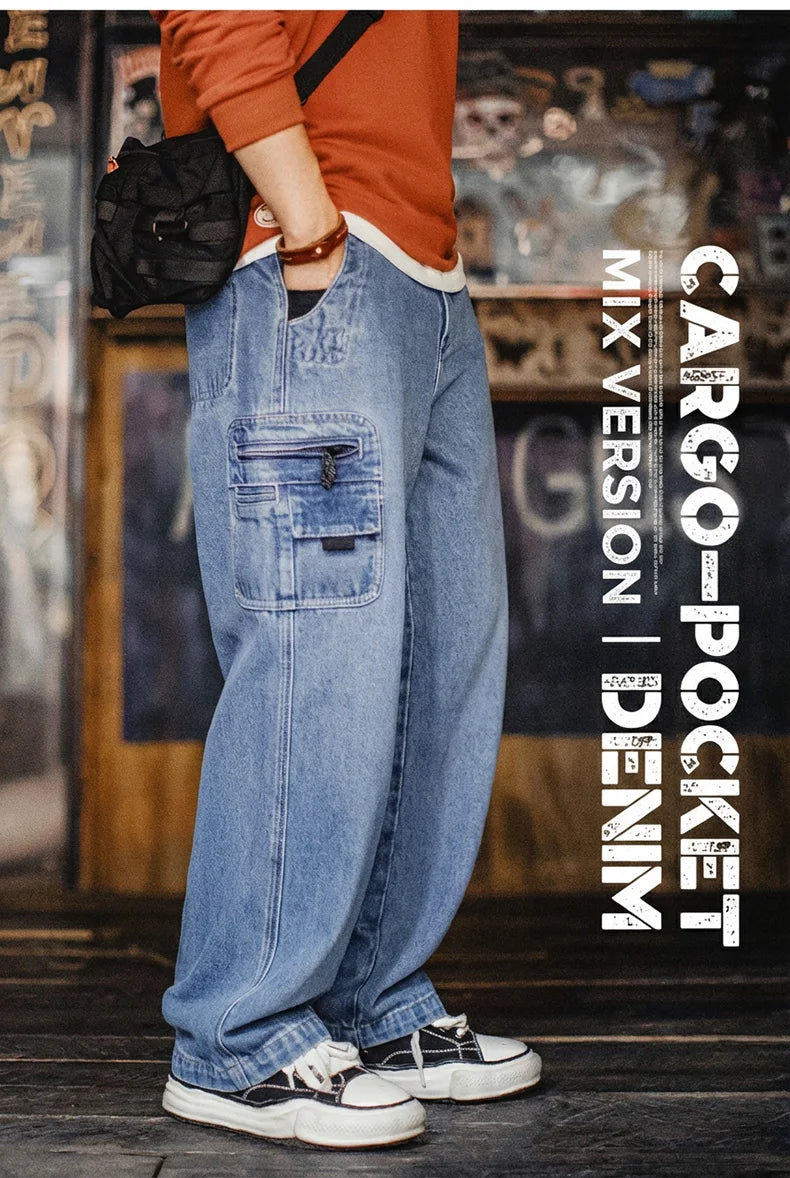 Maden Men's Vintage 10.5oz Washed Denim Jeans Loose Fit Cargo Pocket Workwear Pants Casual Blue Trousers for Spring and Autumn