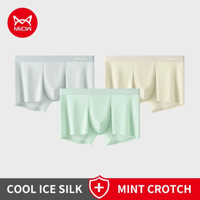 MiiOW Men's Silky Ice Silk Boxers - 3Pcs Antibacterial Seamless Breathable Underwear