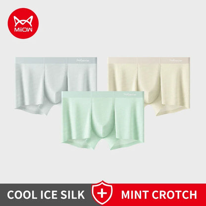 MiiOW Men's Silky Ice Silk Boxers - 3Pcs Antibacterial Seamless Breathable Underwear