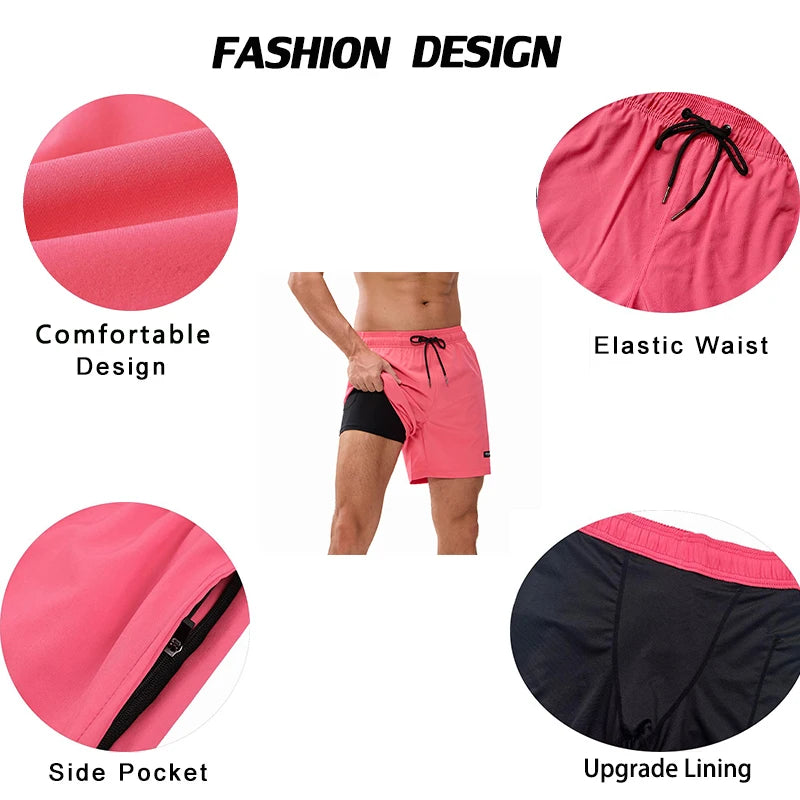 Men's beach boardshorts with embroidery logo, elastic waistband, long lining, and sporty design for swimming and gym activities.