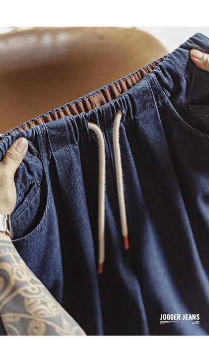 Maden Casual 10oz Jogger Denim Jeans with Elastic Waist Drawstring Washed Straight Trousers for Men's Spring and Autumn Pants