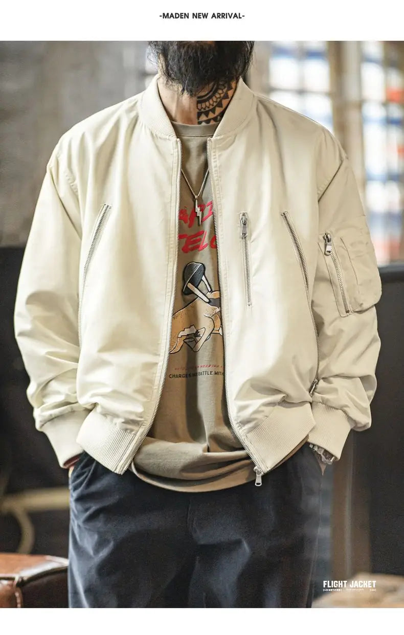 Maden Men's Vintage L2B Pilot Jacket White Lightweight Flight Bomber Jacket Short Zip-Up Casual Baseball Coat for Spring Autumn