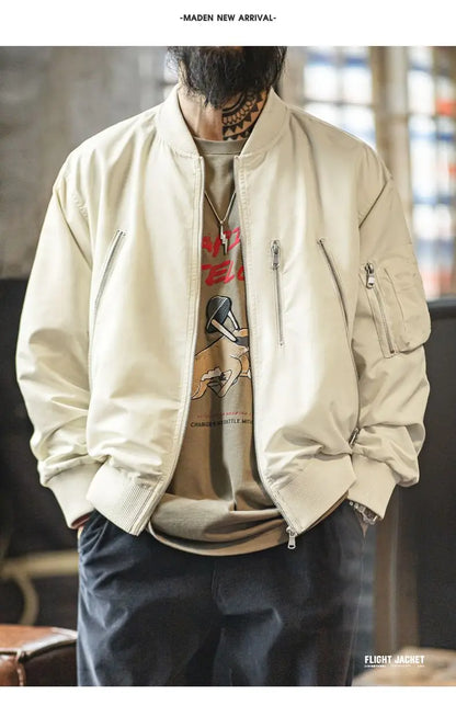 Maden Men's Vintage L2B Pilot Jacket White Lightweight Flight Bomber Jacket Short Zip-Up Casual Baseball Coat for Spring Autumn