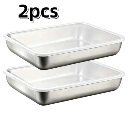 2-Piece Commercial 410 Stainless Steel Food Storage Box with Lids, Heavy Duty Stackable Kitchen Tray for Dumplings Meat