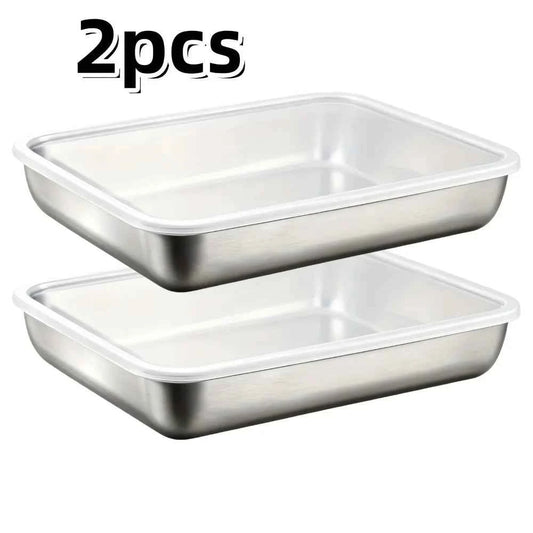 2-Piece Commercial 410 Stainless Steel Food Storage Box with Lids, Heavy Duty Stackable Kitchen Tray for Dumplings Meat