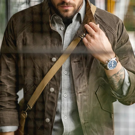 Maden Vintage Stand Collar Oil Waxed Jacket Ⅲ Version for Men's Waterproof  Canvas Solid Color Classic Hunting Coat for Autumn