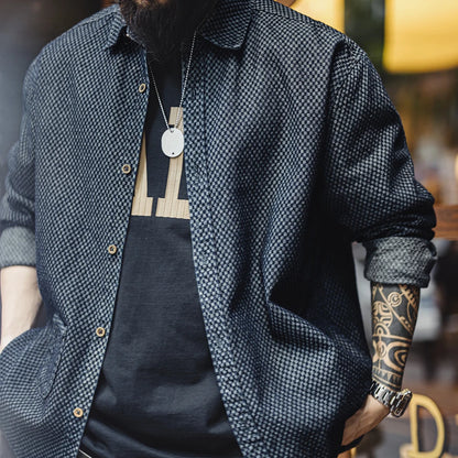 Maden Retro Checkered Long-sleeved Denim Shirt Loose Lapel Single-breasted Jacket for Men Spring and Fall Versatile Outerwear