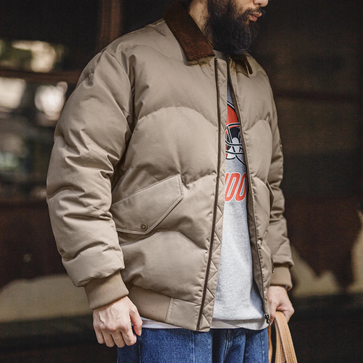 MADEN Corduroy-Collar Quilted Bomber Jacket