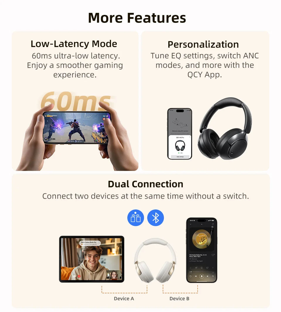 QCY H3 PRO Wireless Headphones with Adaptive ANC, 50dB Noise Cancellation, Hi-Res LDAC Audio, and Bluetooth 5.4 Dual Connection - ShopHub