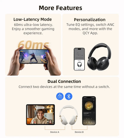 QCY H3 PRO Wireless Headphones with Adaptive ANC, 50dB Noise Cancellation, Hi-Res LDAC Audio, and Bluetooth 5.4 Dual Connection - ShopHub