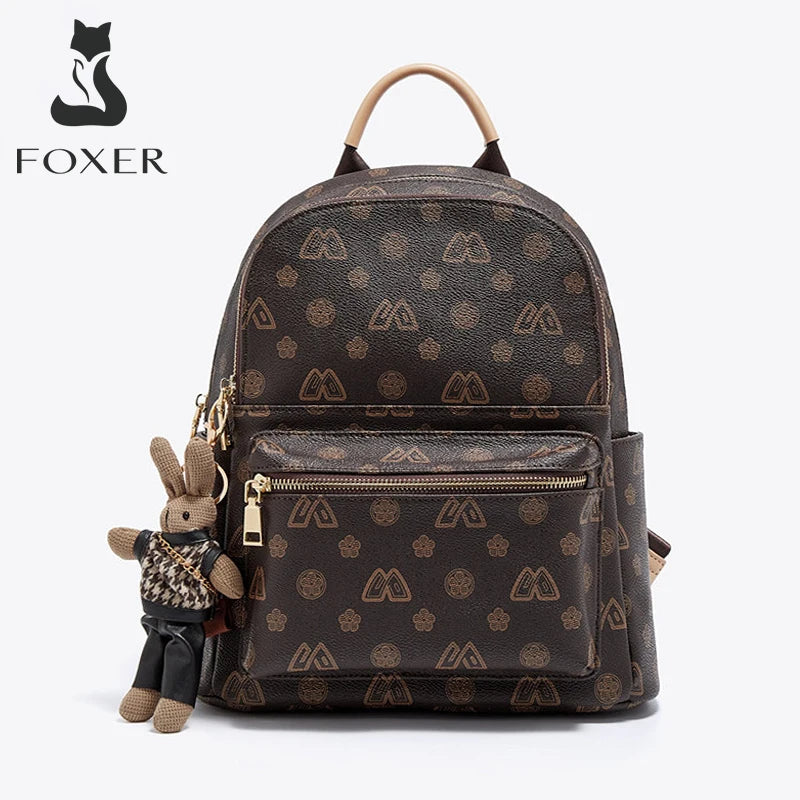 FOXER Women's Backpack Signature PVC Printing Fashion Travel Shoulder Bag Ladies Travel Rucksack Female Casual Monogram Backpack