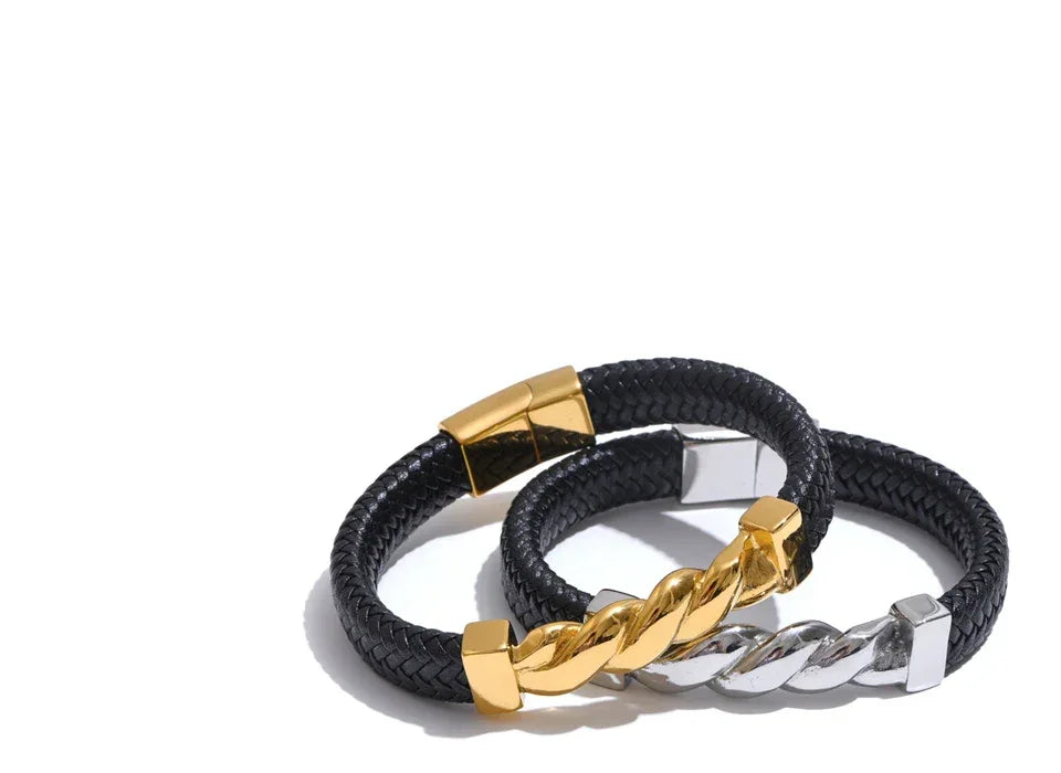 65mm Leather Metal Twisted Chain Handmade Wide Bracelet Bangle - ShopHub