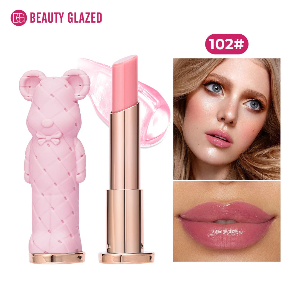 Beauty Glazed Bear Moisturising Lipstick in makeup image, showcasing soft pink shade and sleek packaging.