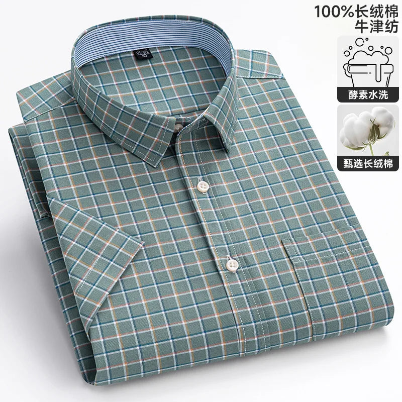 100% Cotton Men's Breathable Cotton Plaid Shirt - Short Sleeve Oxford Summer Striped Regular Fit Oversized Clothing