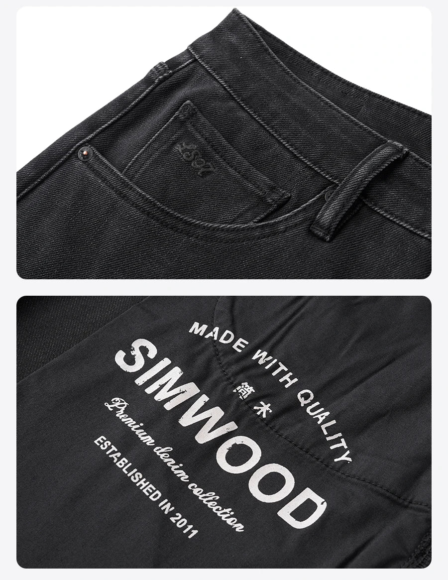 SIMWOOD 2026 Autumn New Loose Straight 13oz Elastic Fabric Jeans Men Washed Vintgae Basic Black Denim Trousers