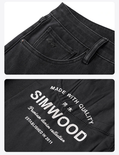 SIMWOOD 2026 Autumn New Loose Straight 13oz Elastic Fabric Jeans Men Washed Vintgae Basic Black Denim Trousers